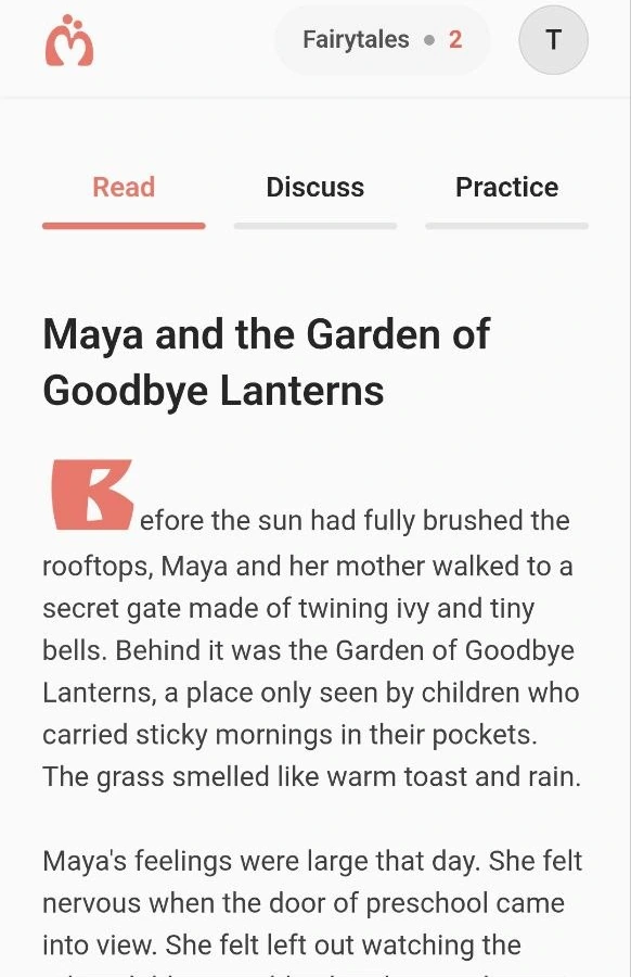 Mishami app showing the beginning of Maya's story