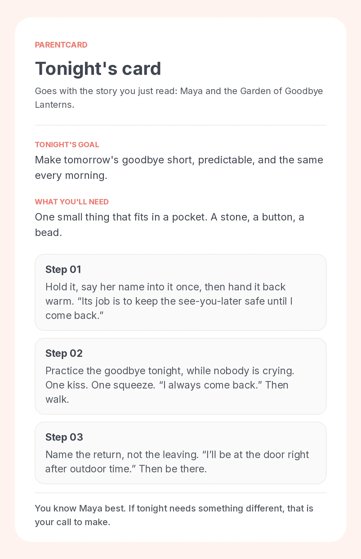 Mishami: the ParentCard with steps for tonight